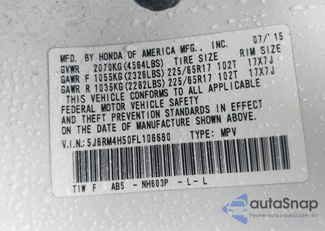 2015 Honda Cr-V Ex из США, поврежденный, VIN 5J6RM4H50FL106680